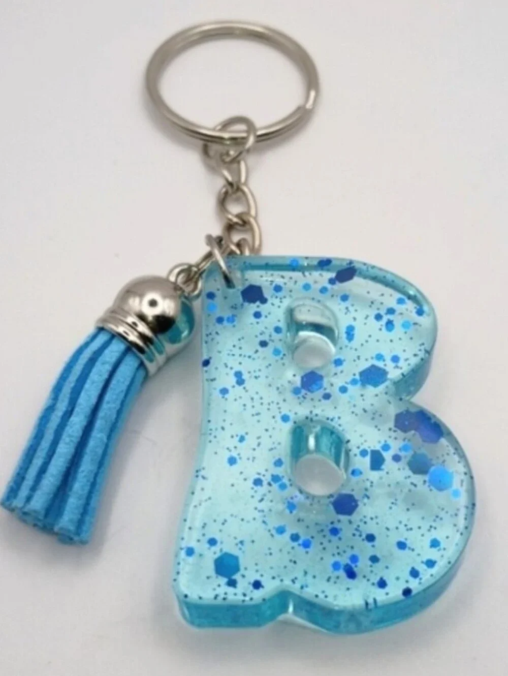 Blue Glitter Letter B Keychain with Tassel